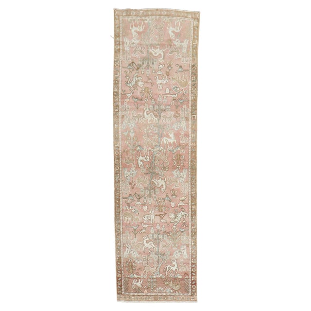 Brown 1940s Persian Animal Pictorial Pink Color Runner - 2'9" x 9'8" For Sale - Image 8 of 18