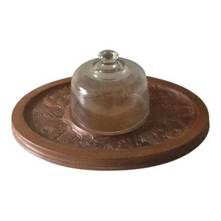 Vintage Large Oval Wood Cheese Board, Glass Dome Cover For Sale
