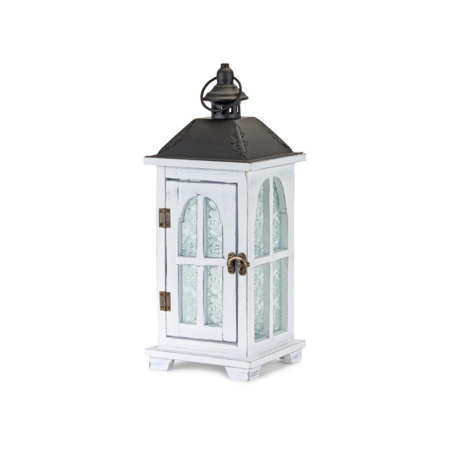 Modern White Wood Lantern with Ornate Frosted Glass (Set of 2) For Sale - Image 3 of 3