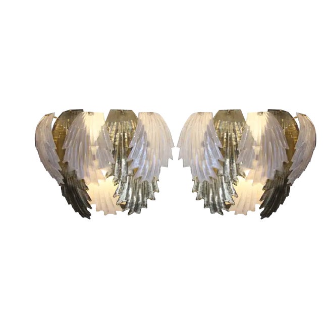 Gold and White Murano Glass Sconces in Leaf Shape, 1980s, Set of 2 For Sale