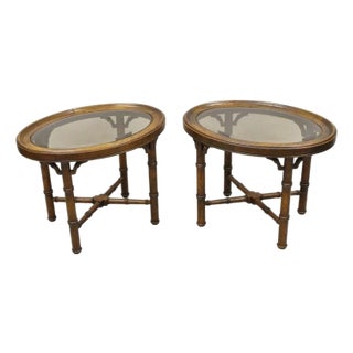 Vintage Chinese Chippendale Faux Bamboo Oval Small Glass Top Side End Table Pair For Sale