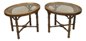 Vintage Chinese Chippendale Faux Bamboo Oval Small Glass Top Side End Table Pair