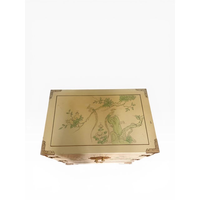 Wood Vintage Chinoiserie Lacquered Nightstands – Pair With Brass Hardware & Hand-Painted Detail For Sale - Image 7 of 10
