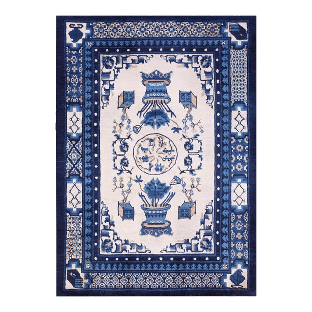 1890s White Blue Medallion Antique N. Chinese Mongolian Rug 4'3" X 5'10" Handknotted Wool Carpet For Sale