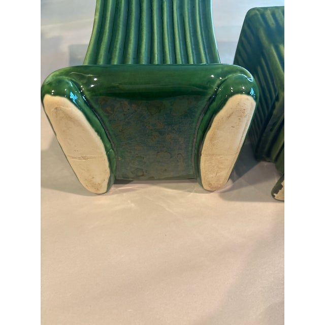 Pair of Vintage Green Ribbed Ceramic Cachepots With Pedestal Bases, Art Deco Style For Sale - Image 10 of 12