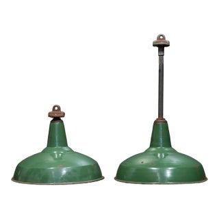 Benjamin 16" Enameled Porcelain Green Industrial Pendant Lights c.1950-Set of Two For Sale