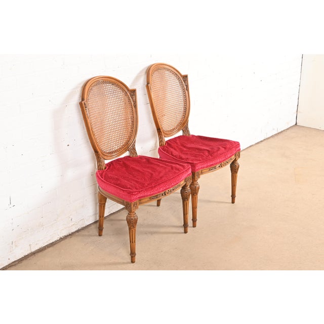 French Karges French Regency Louis XVI Carved Walnut Cane Back Side Chairs or Dining Chairs, Pair For Sale - Image 3 of 14