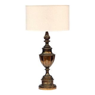 Midcentury Neoclassical Solid Brass Stiffel Lamp With Rh Linen Barrell Shade For Sale