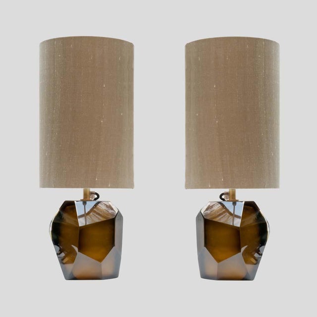 Metal Murano Diamond Cut Faceted Tobacco Colour Glass Table Lamps, 2000s, Set of 2 For Sale - Image 7 of 7