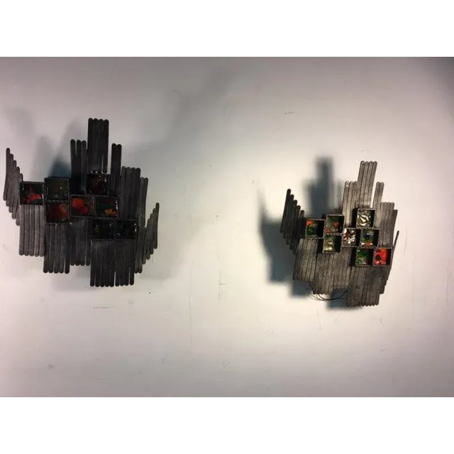 Pair of Mid Century Italian Brutalist Blackened Iron & Geometric Multi Colored Murano Glass Sconces For Sale In Philadelphia - Image 6 of 9