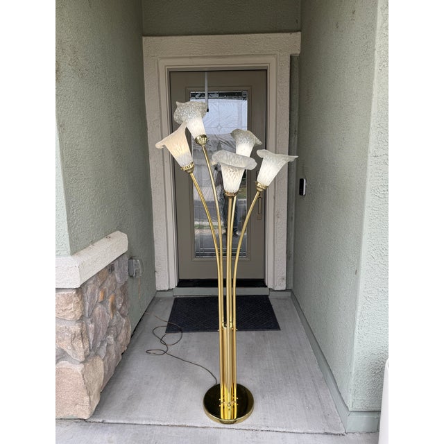 Vintage 5-Light Floor Lamp Polished Brass Body Stylized Calla Lily Flower Shades For Sale - Image 10 of 12