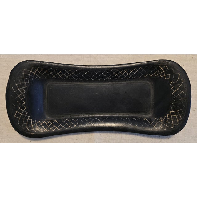 Antique Victorian papier-mâché pen or brush tray, finished in black lacquer with an incised lattice border originally gilt.