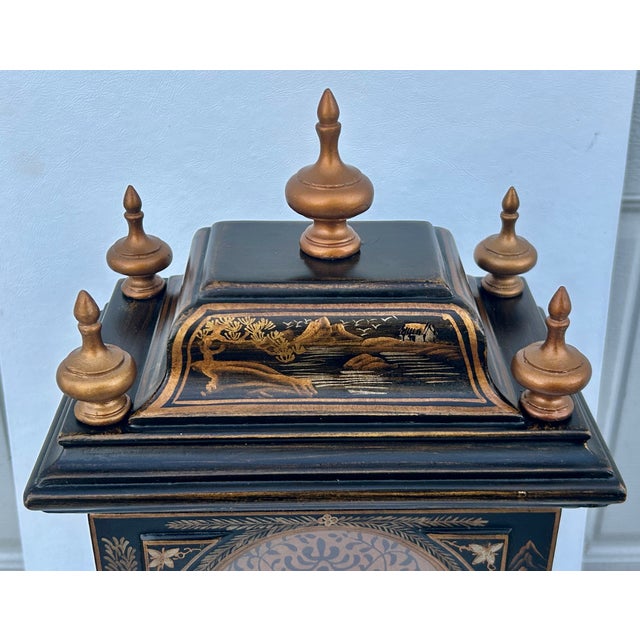 Wood Vtg. Reproductive Chinoiserie Battery Operated Mantel Clock W/Removable Finials For Sale - Image 7 of 14