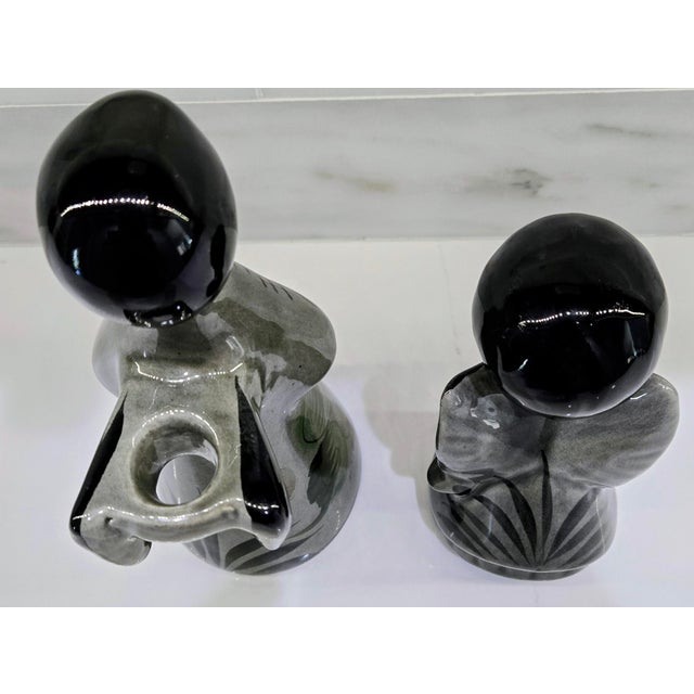Late 20th Century Vintage Tonalá Angel Figurine Pair – Mexican Folk Art Pottery Candlestick & Praying Angel, Hand Painted Floral For Sale - Image 5 of 13