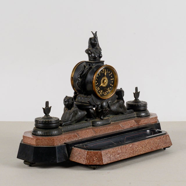 Neo-Egyptian Bronze Mantel Clock in Polychrome Marble For Sale - Image 13 of 18