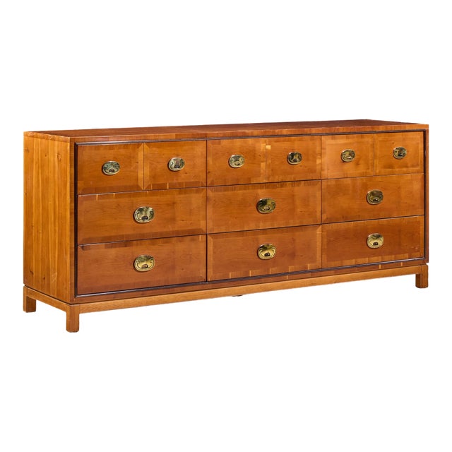 Hickory Manufacturing Mid Century Walnut and Brass Campaign Dresser For Sale