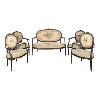Louis XVI Style Sofa, Armchairs and Chairs in Aubusson Tapestry, Set of 5 For Sale
