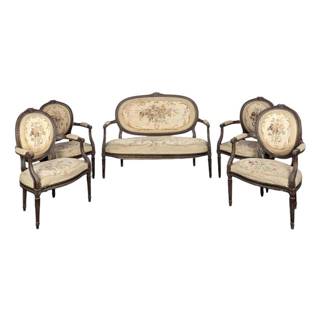 Louis XVI Style Sofa, Armchairs and Chairs in Aubusson Tapestry, Set of 5 For Sale