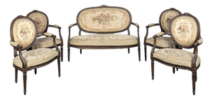 Louis XVI Style Sofa, Armchairs and Chairs in Aubusson Tapestry, Set of 5