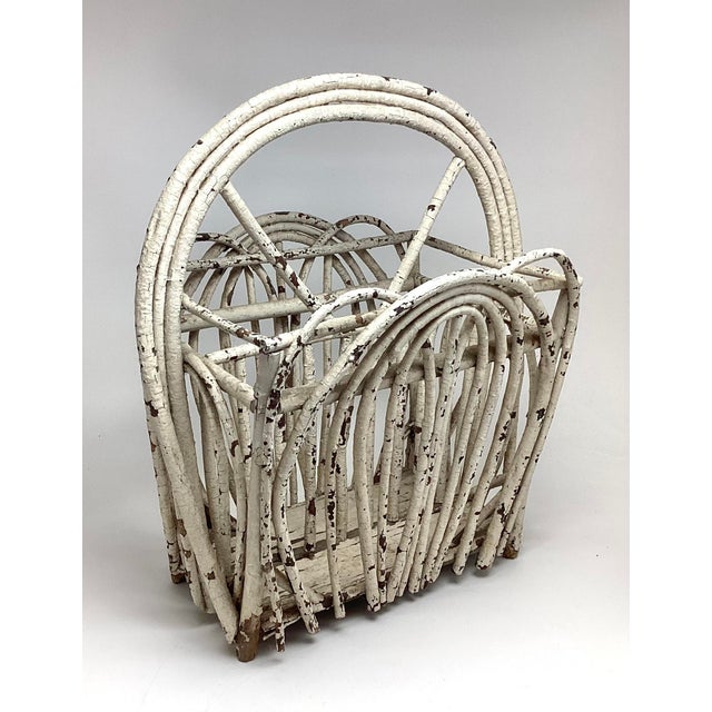 Rustic Antique Adirondack Camp Twig Canterbury or Magazine Rack in Crusty Primitive White Paint For Sale - Image 3 of 8