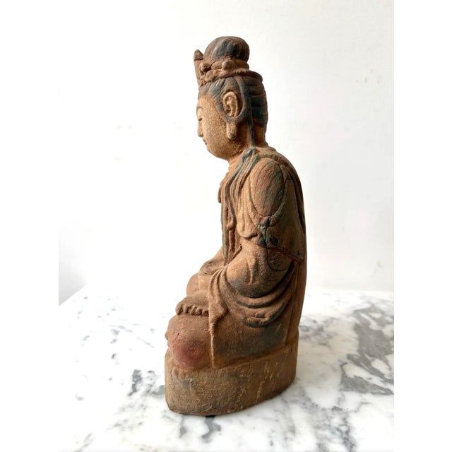 Early 20th Century Guan Yin Meditating Buddha Carved Wood Figure For Sale - Image 4 of 6
