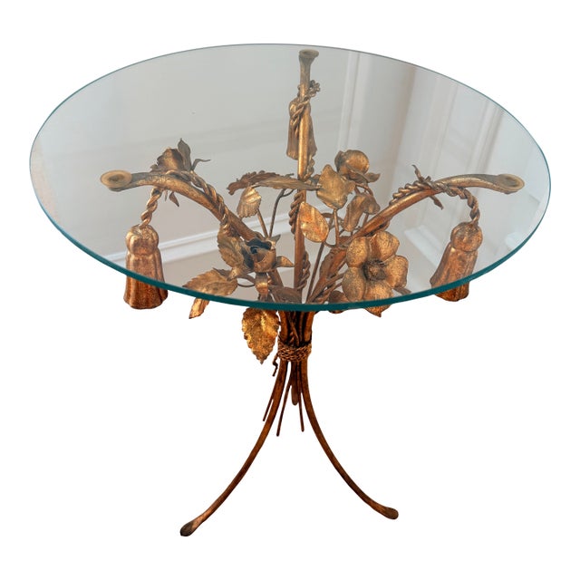 Vintage Italian Style Gilt Tole Floral Side Table With Glass Top and Tassel Details For Sale
