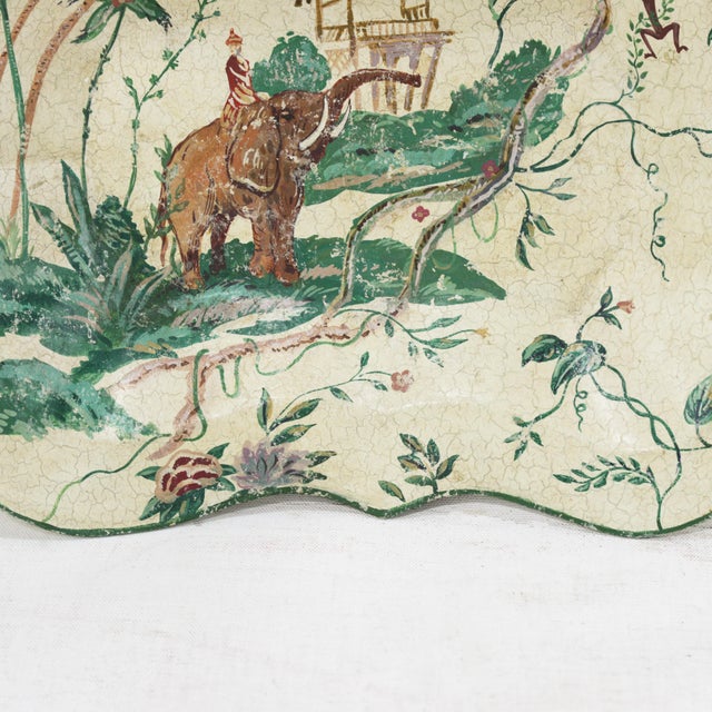 Vintage Scalloped Decorative Tray With Hand-Painted Elephant and Jungle Motif For Sale - Image 10 of 12