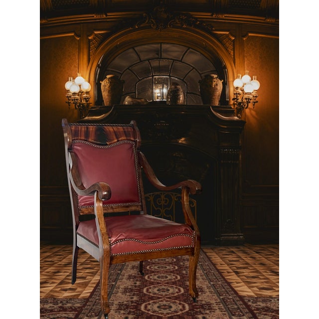 Wood Antique Empire Flame Mahogany & Red Leather Library Armchair, Late 19th. Century Chair For Sale - Image 7 of 14