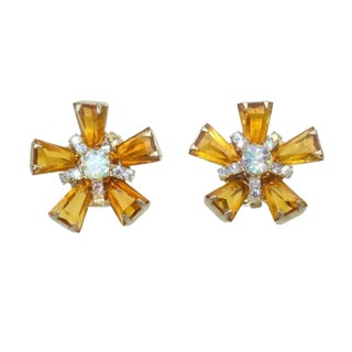 1960's Amber Crystal & Rhinestone Starburst Earrings For Sale