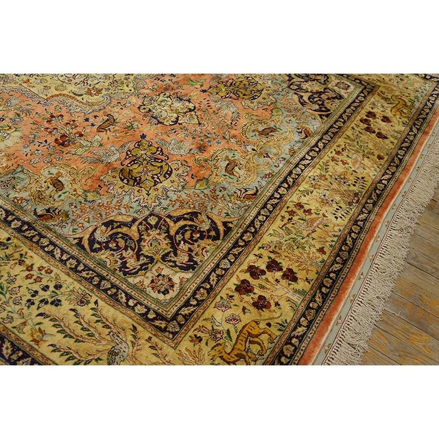 1940s Classic Salmon Animals Medallion Vintage Tabriz Silk Knotted Room Size Rug For Sale In New York - Image 6 of 9