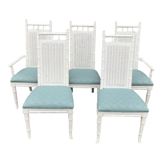 White Lacquered FauxBamboo Wicker Back Vintage Dining Chairs Set of