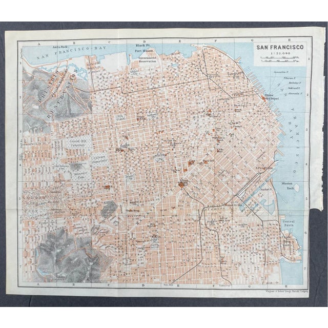 Folding map of the tip of the San Francisco Peninsula and downtown SF including part of the Bay, Presidio, and Union Ferry...