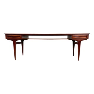 Vintage Mid Century Modern Danish Style Coffee Table With Sculpted Drawer Pulls and Open Shelf Storage For Sale