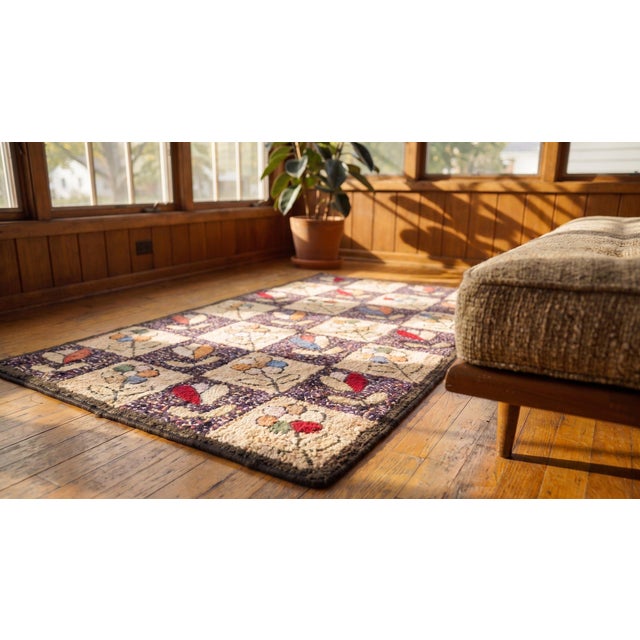 Textile 1930s Multicolor Floral Folk Art Antique American Hooked Rug 2'5" X 4'2" Handknotted Wool Carpet For Sale - Image 7 of 9
