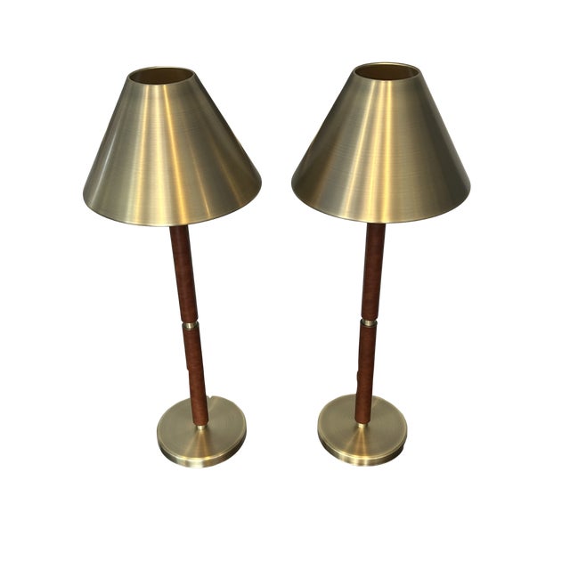 Mid-Century Modern Mid-Century Modern Lauren Ralph Lauren Home Brass & Leather Buffet Table Lamps – Campaign Style Designer Lighting - Pair For Sale - Image 3 of 11