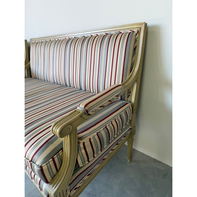 Vintage French Neoclassical Louis XV Style Striped Upholstery Settees – Pair For Sale - Image 12 of 17