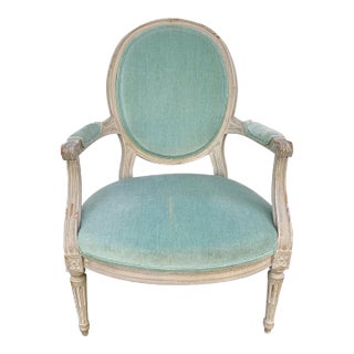 A French Country Classic | Louis XVI Fauteuil in Soft Celadon Velvet For Sale