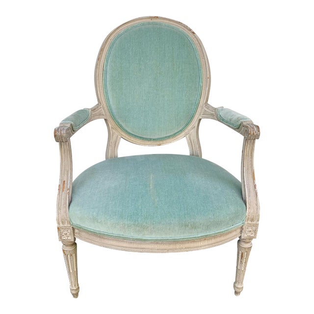 A French Country Classic | Louis XVI Fauteuil in Soft Celadon Velvet For Sale