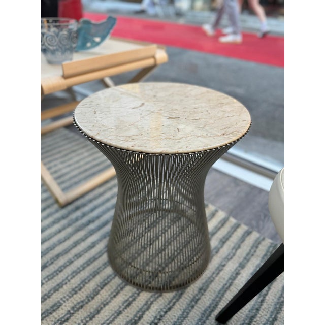 White Steel Side Tables with Beige Veined White Marble Top, 1990s For Sale - Image 8 of 8