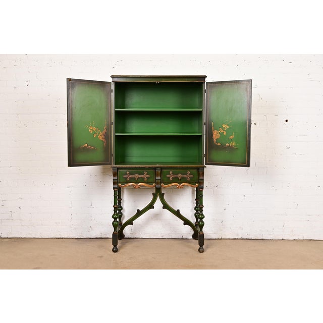 1920s Antique Chinoiserie Jacobean Green Lacquered Hand Painted Bookcase or Bar Cabinet, Circa 1920s For Sale - Image 5 of 14