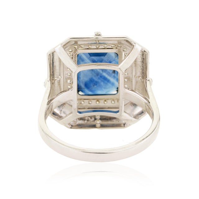 3.63ct Emerald-Cut Blue Sapphire Diamond Victorian Ring in 18k White Gold Size 9 For Sale - Image 12 of 18