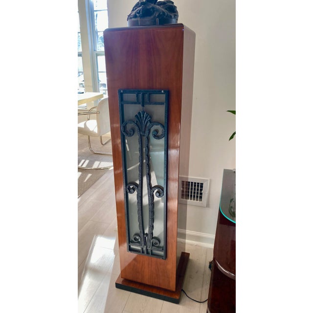 1940s Art Deco Mahogany Lighted Column, French Rod Iron Frosted Glass and Mahogany Wood Lighted Pedestal For Sale - Image 11 of 12
