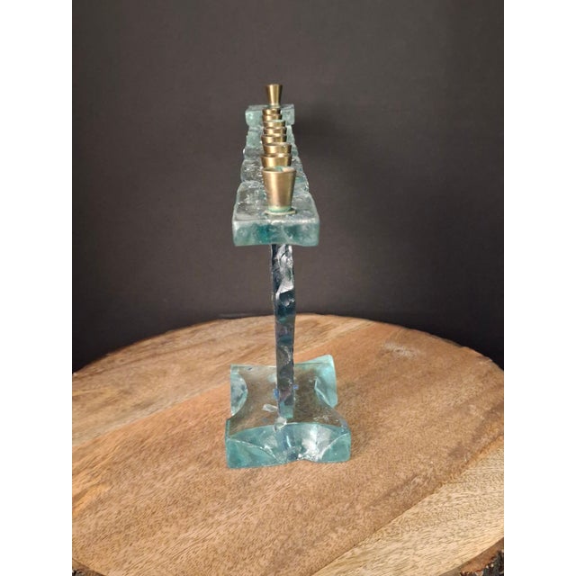 Late 20th Century Signed Uda Yehuda Parmat Studio Art Glass Menorah Iridescent Fused Dreidel For Sale - Image 4 of 17