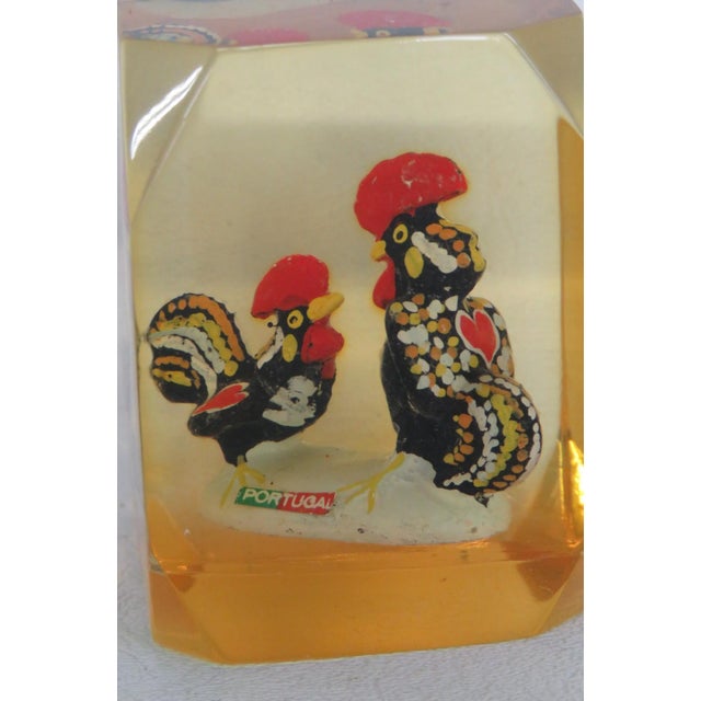 Barcelos Roosters Encased Lucite Souvenir Paperweight Amber Tinted Acrylic 5105b For Sale - Image 4 of 15