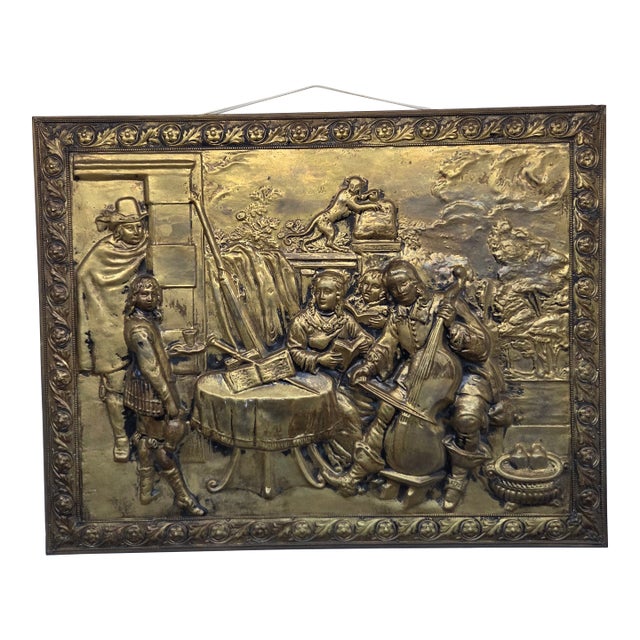 Antique Hammered Brass Dutch Golden Era Motif Wall Plaque For Sale