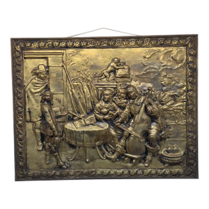 Antique Hammered Brass Dutch Golden Era Motif Wall Plaque