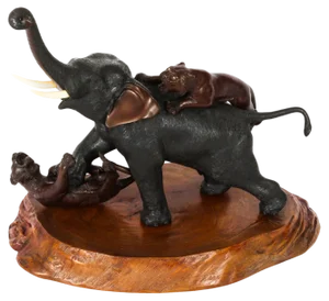 Large Antique Japanese Bronze Elephant & Tigers Figure, 19th Century