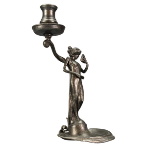 French Art Nouveau Pewter Candlestick with Lady Sculpture, 1920s