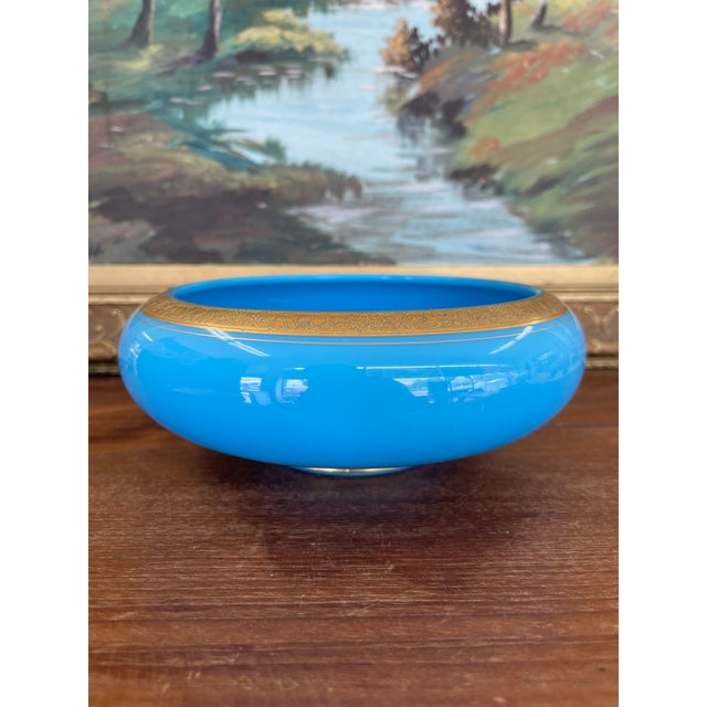 Glass Mid 19th Century French Blue Opaline Glass Bowl With Intricate Gilded Fruit and Vine Border For Sale - Image 7 of 9