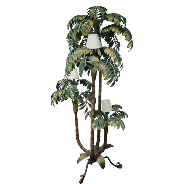 Coastal Vintage Tole Palm Tree Floor Lamp With Triple Trunk Design For Sale - Image 3 of 12